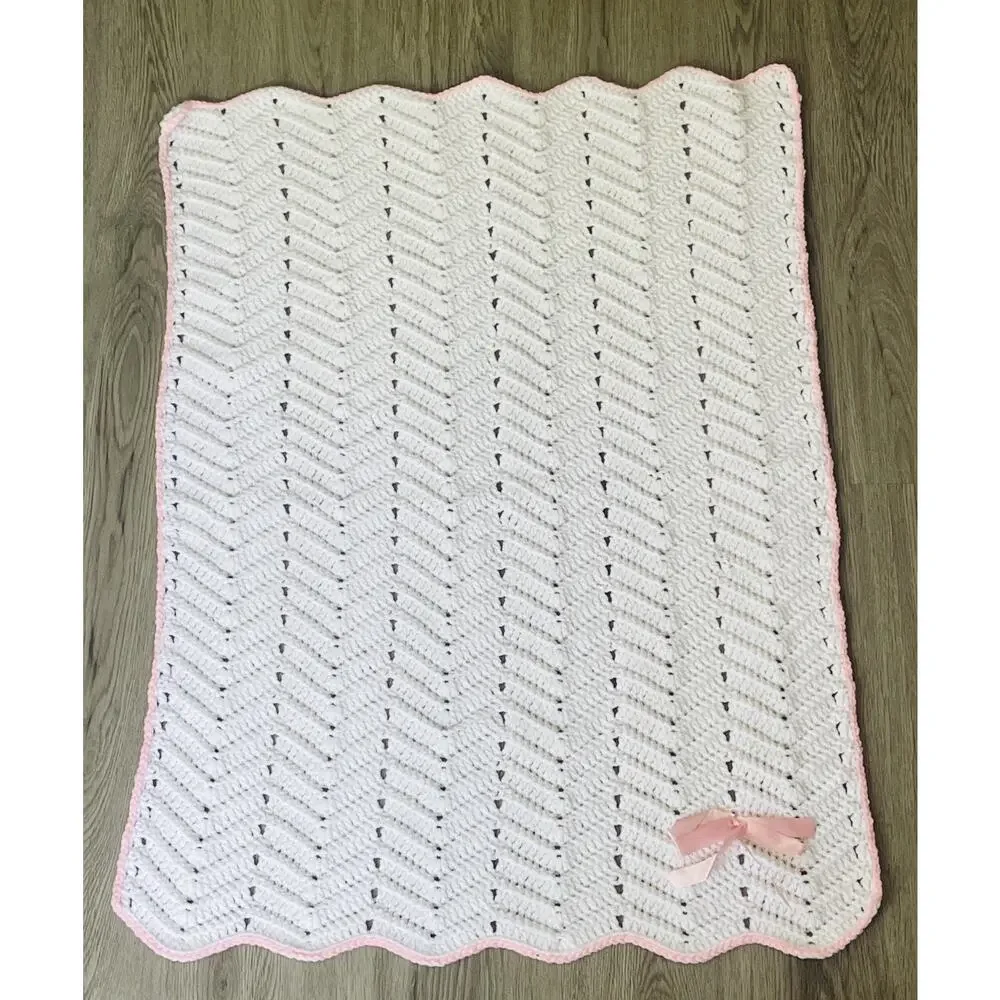 Vintage Crotchet Baby Crib Blanket Handmade White & Pastel Pink Satin Ribbon Bow